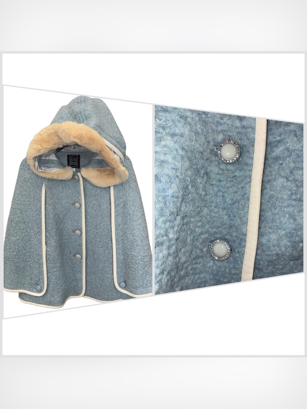 Japan Cynthia Rowley Women's Poncho Vest Cape Coat Sz 2 Bling Buttons Fur Hood